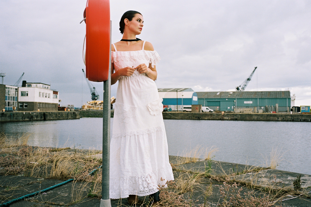 one of a kind long white dress made with vintage doilies