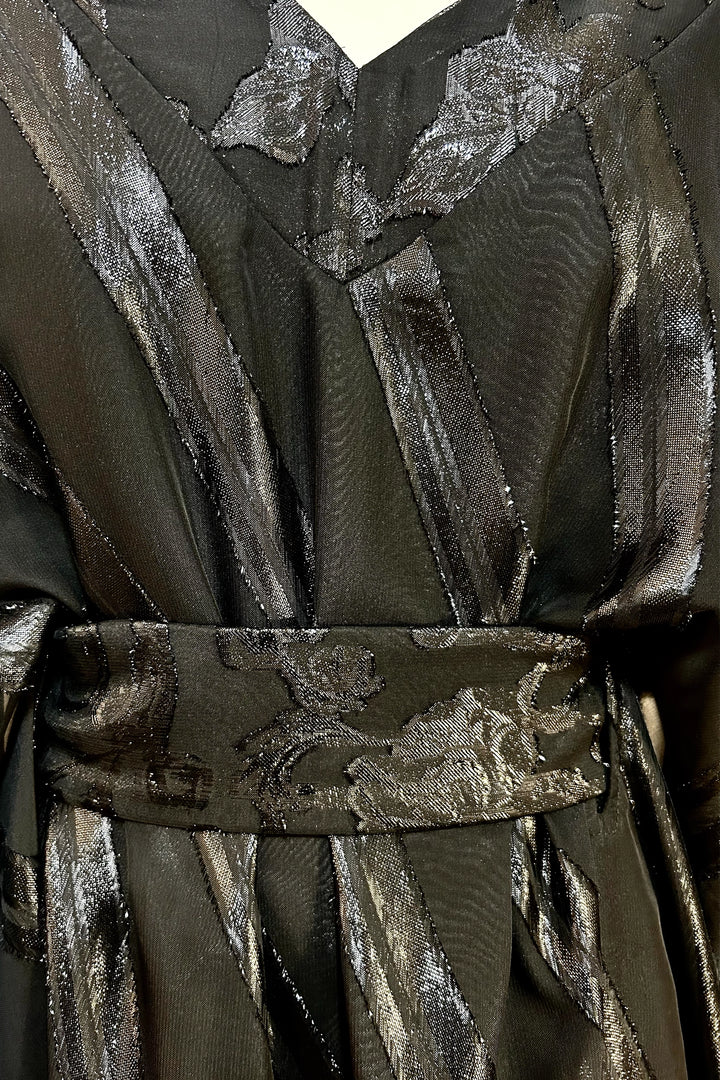 close up of obi Belt on Lucie black gloss stripe Kaftan 